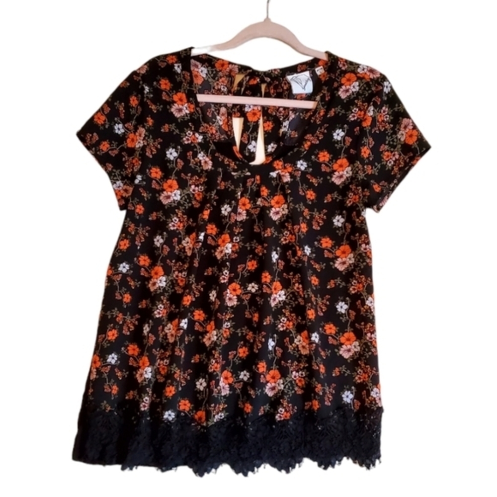 Janet Chung Floral Orange Black Blouse Lace‎ Trim Size Large Women Pre-owned